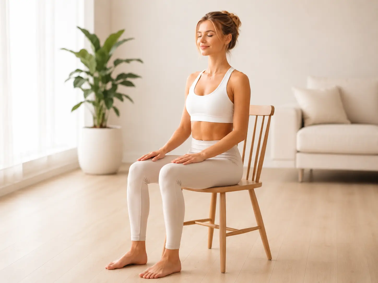 Chair meditation position, sitting upright with both feet flat on the floor