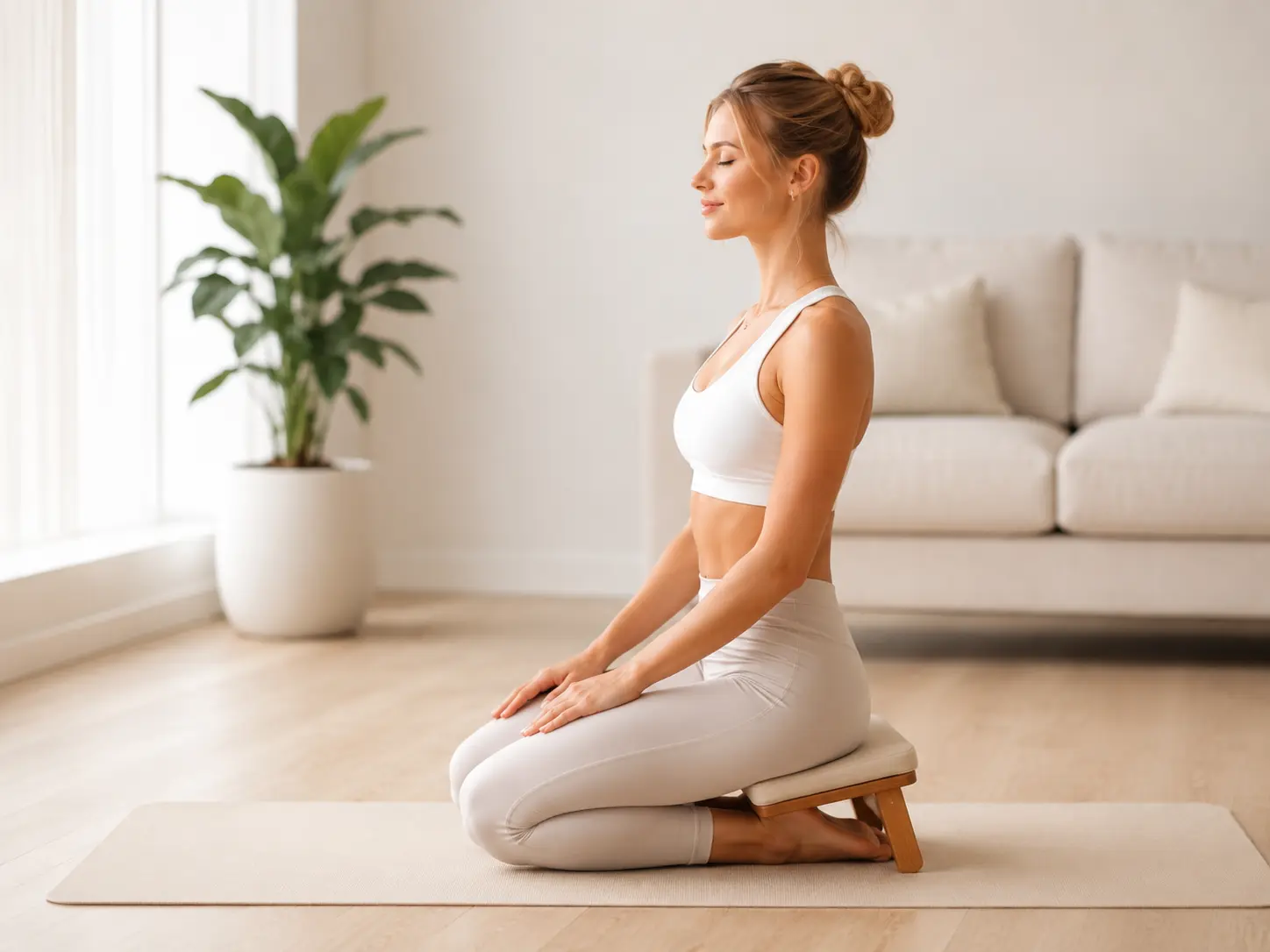 Seiza kneeling meditation position, sitting back over folded calves
